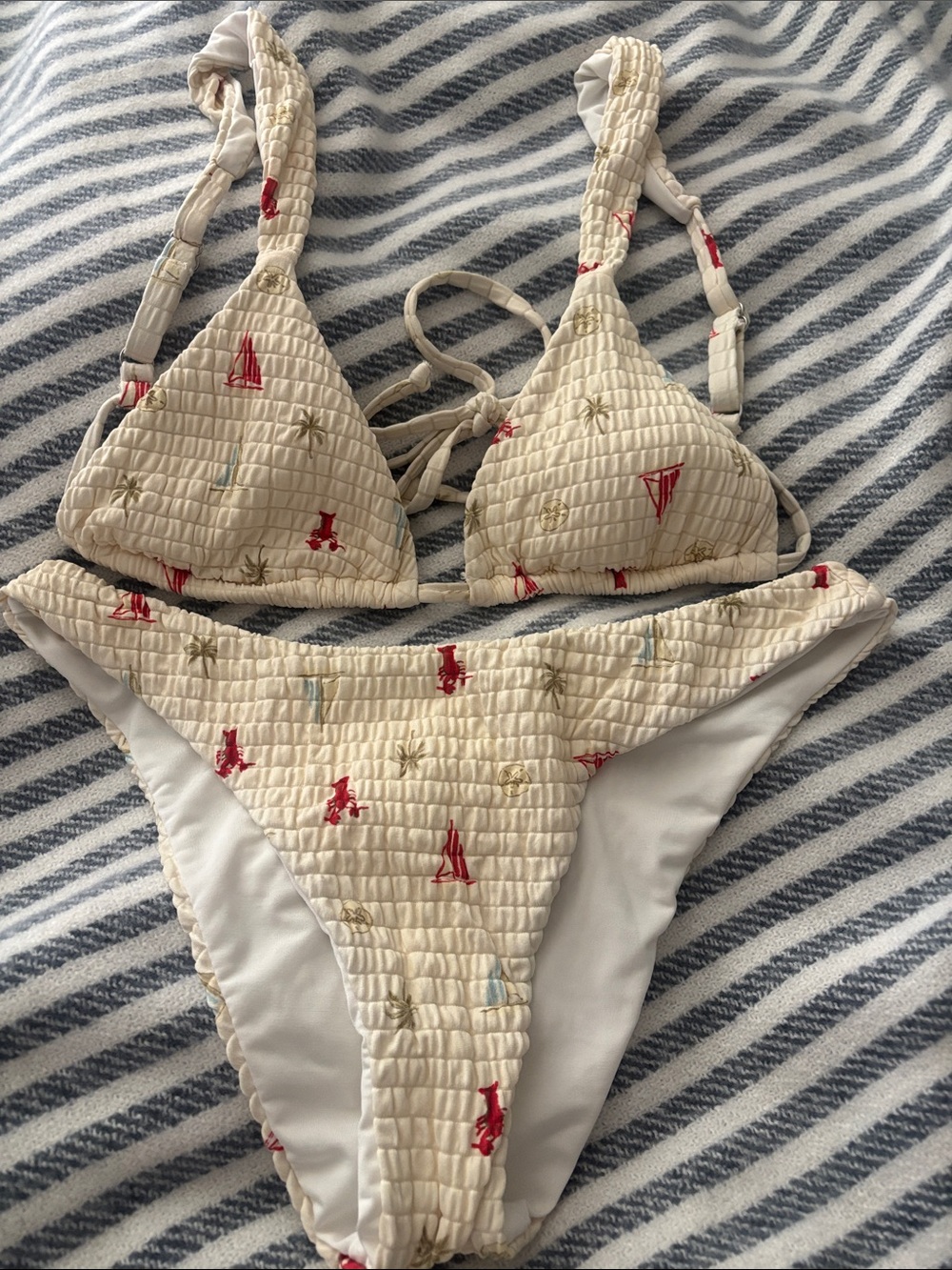 Cream Smocked Triangle Bikini Set with Red Accent Embroidery